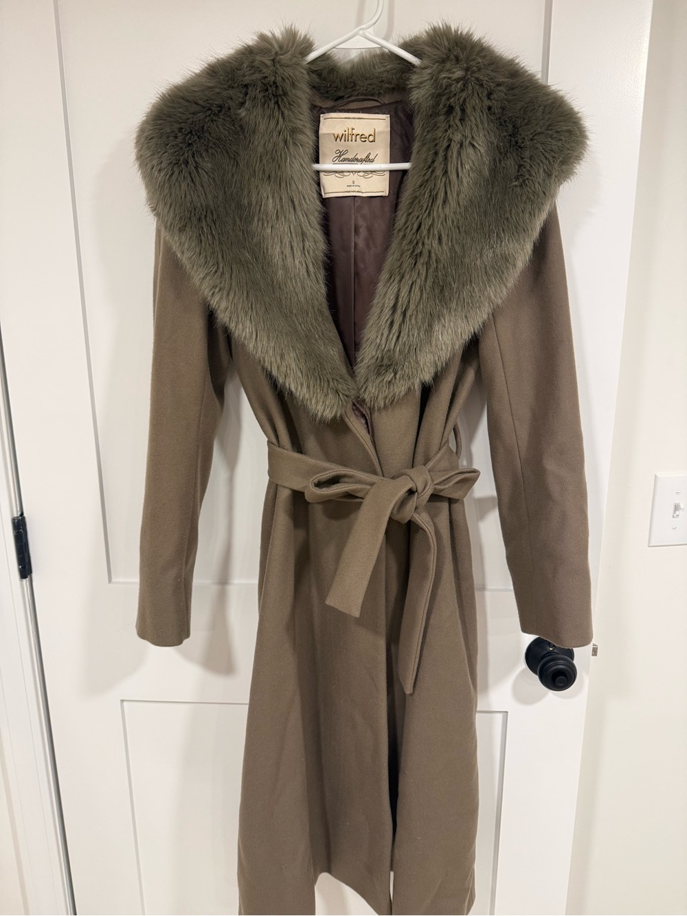 Wilfred Faux Fur Collar Wool-Blend Trench Coat - Olive Taupe